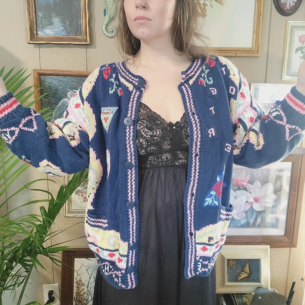 Vintage Sweater Cardigan Oversized Bohemian Colligate Style Blue Pink Yellow M